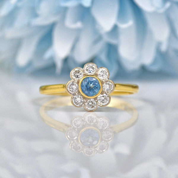 ART DECO STYLE AQUAMARINE & DIAMOND DAISY CLUSTER RING