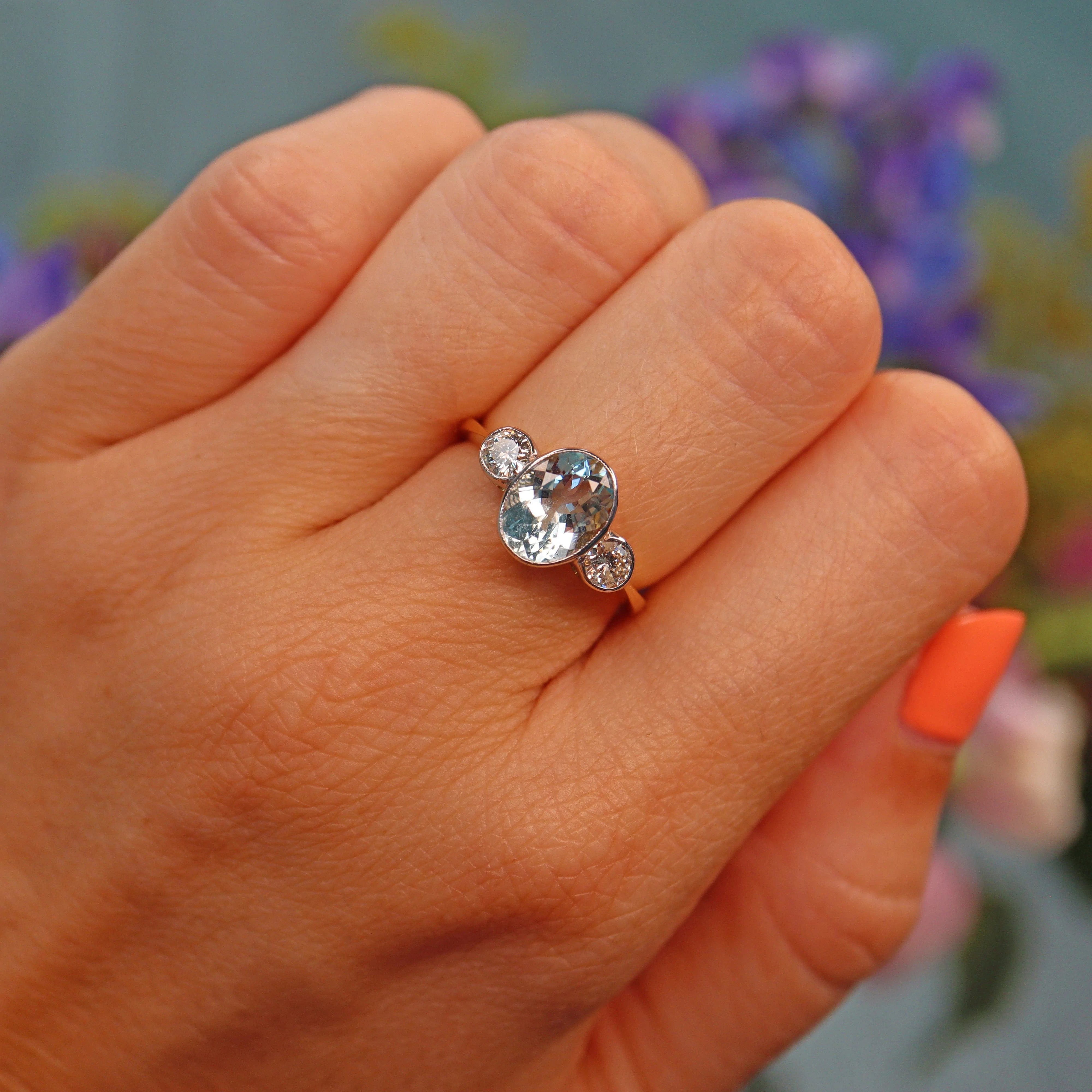 Ellibelle Jewellery Art Deco Style Aquamarine & Diamond Gold Three-Stone Ring