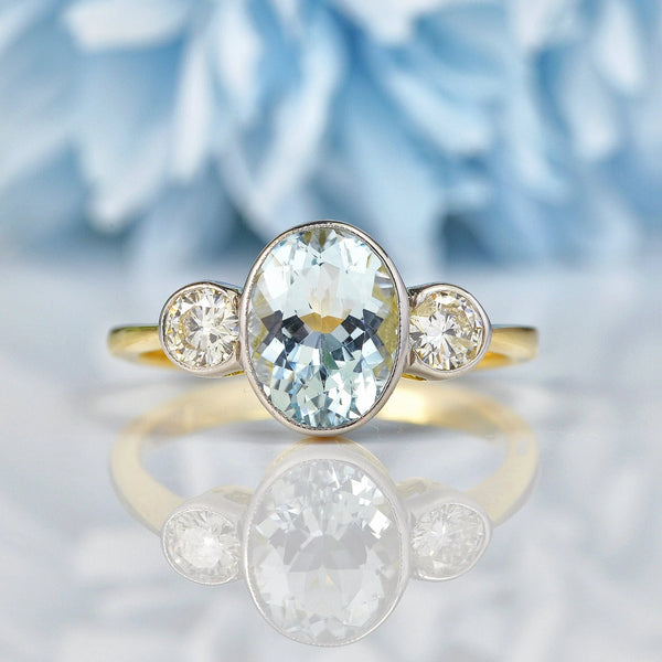 Ellibelle Jewellery Art Deco Style Aquamarine & Diamond Gold Three-Stone Ring