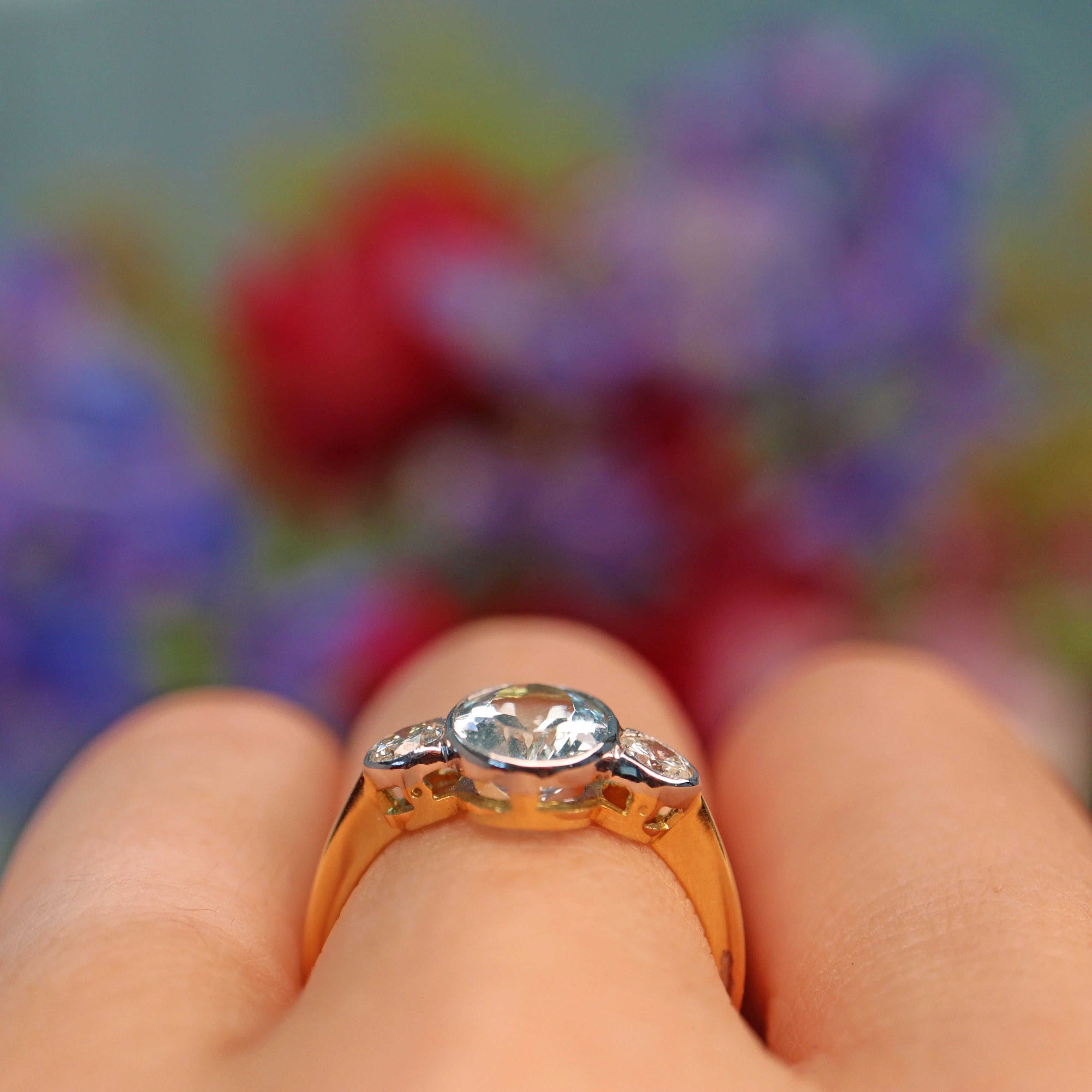Ellibelle Jewellery Art Deco Style Aquamarine & Diamond Gold Three-Stone Ring