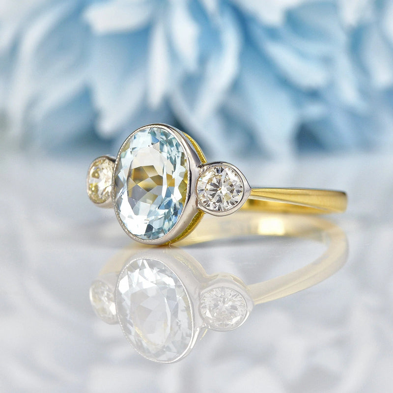 Ellibelle Jewellery Art Deco Style Aquamarine & Diamond Gold Three-Stone Ring