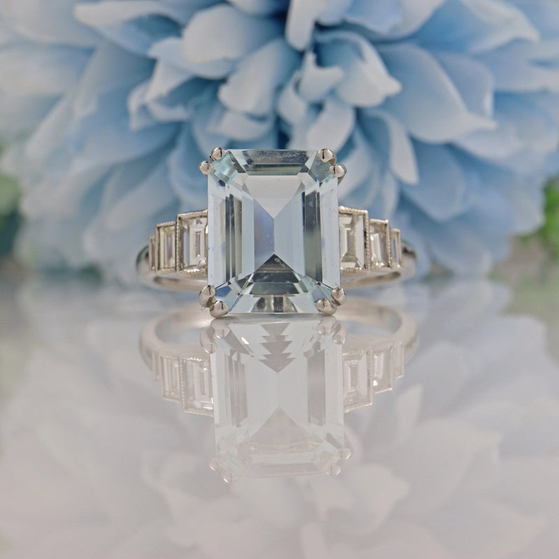 Ellibelle Jewellery ART DECO STYLE AQUAMARINE & DIAMOND PLATINUM RING