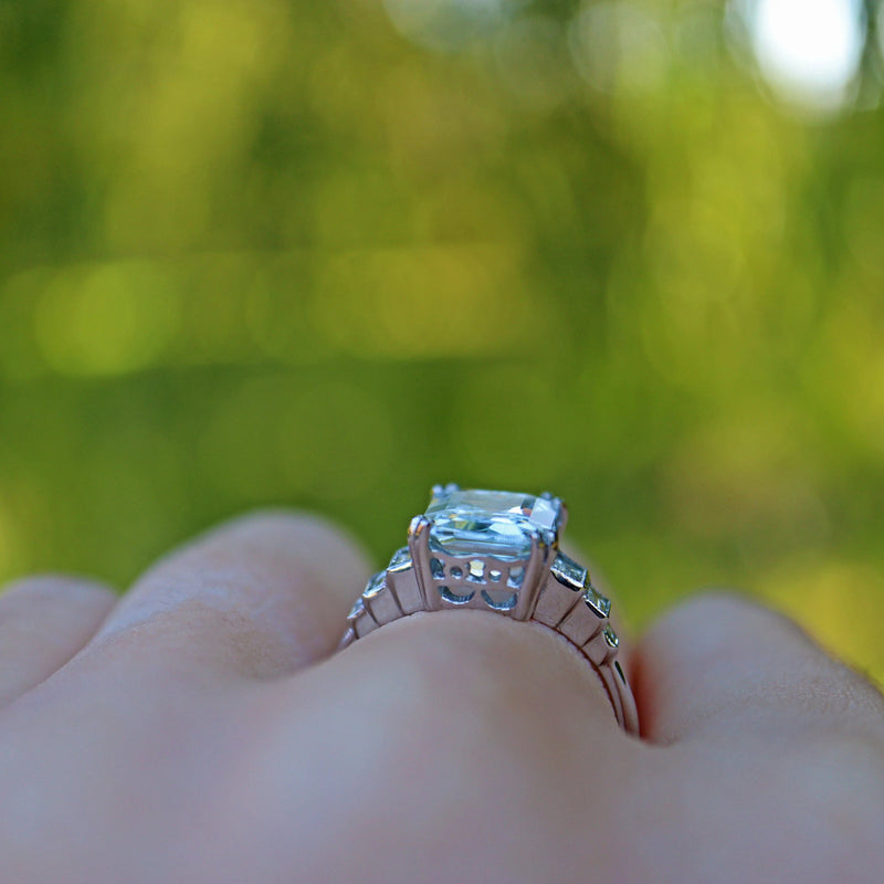 Ellibelle Jewellery ART DECO STYLE AQUAMARINE & DIAMOND PLATINUM RING