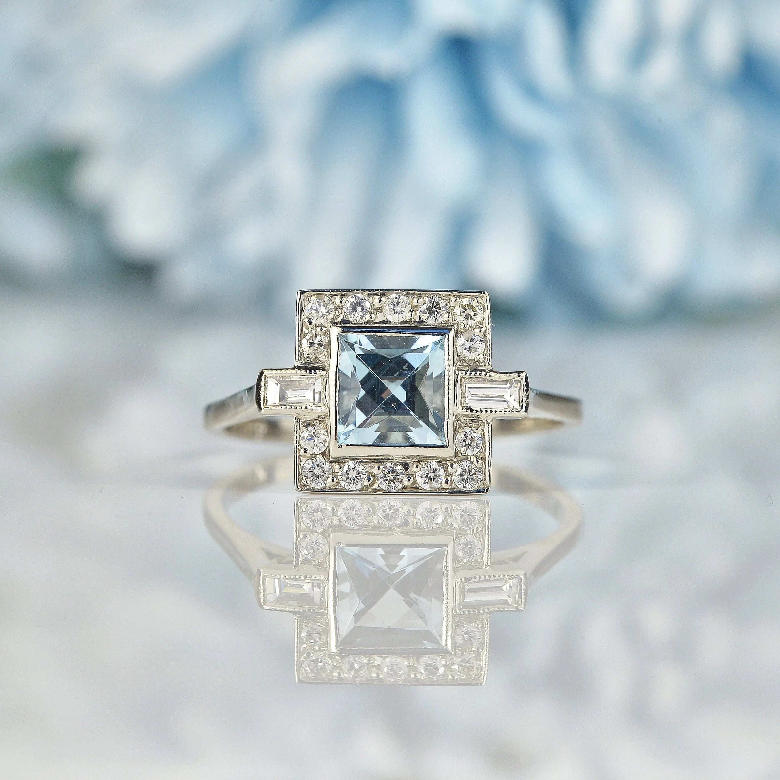 Ellibelle Jewellery ART DECO STYLE AQUAMARINE & DIAMOND PLATINUM RING