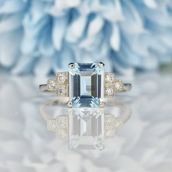 Ellibelle Jewellery ART DECO STYLE AQUAMARINE & DIAMOND PLATINUM RING