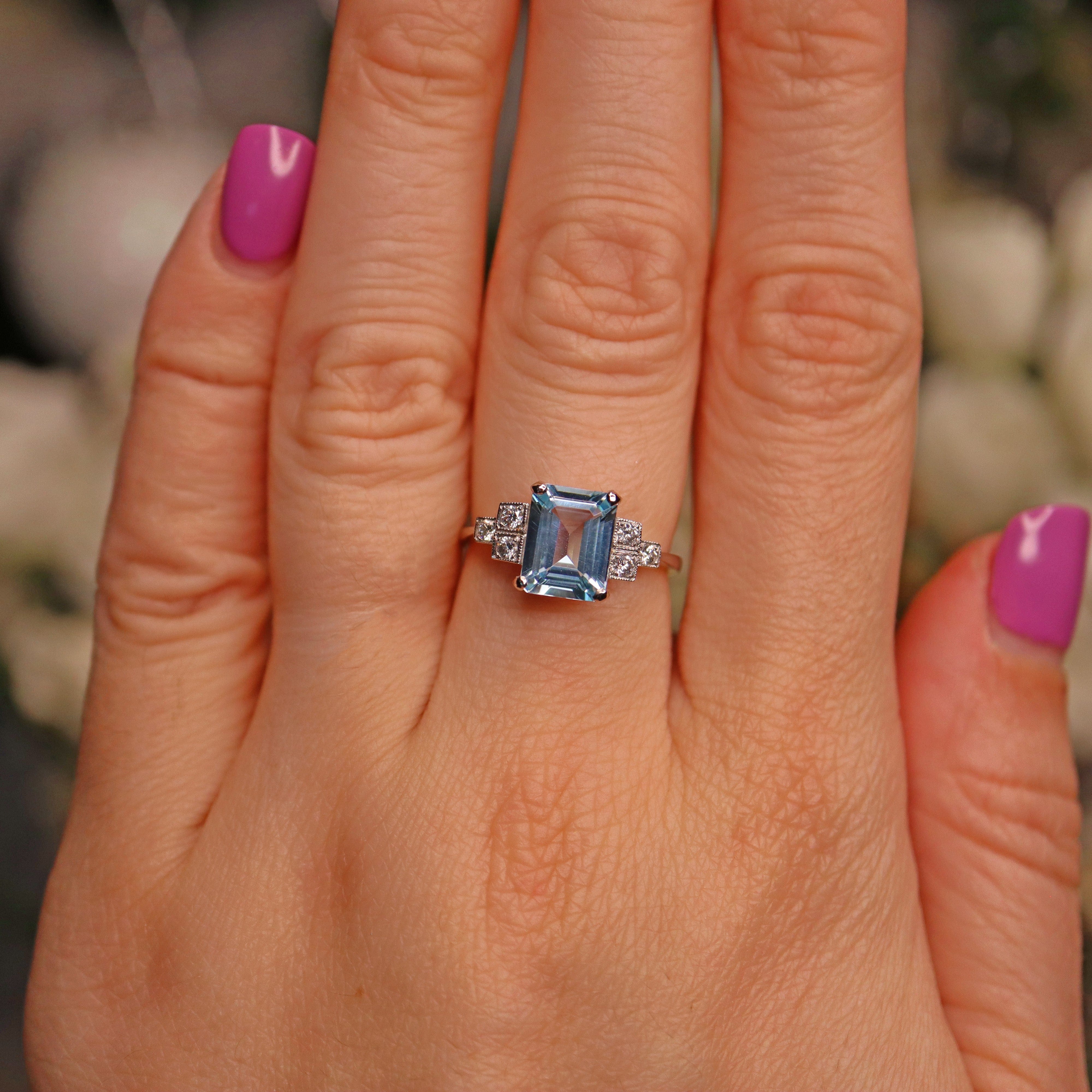 Ellibelle Jewellery ART DECO STYLE AQUAMARINE & DIAMOND PLATINUM RING