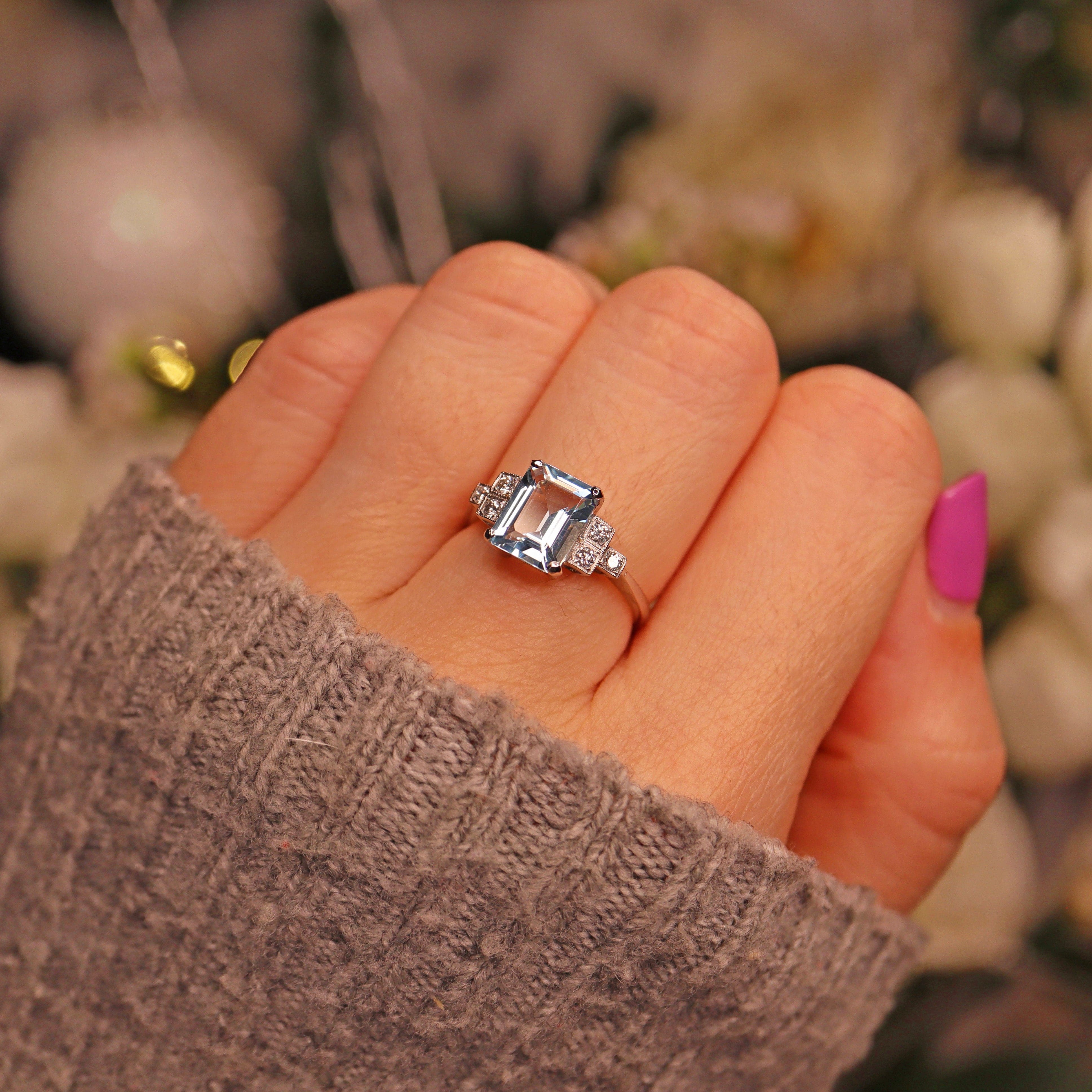 Ellibelle Jewellery ART DECO STYLE AQUAMARINE & DIAMOND PLATINUM RING