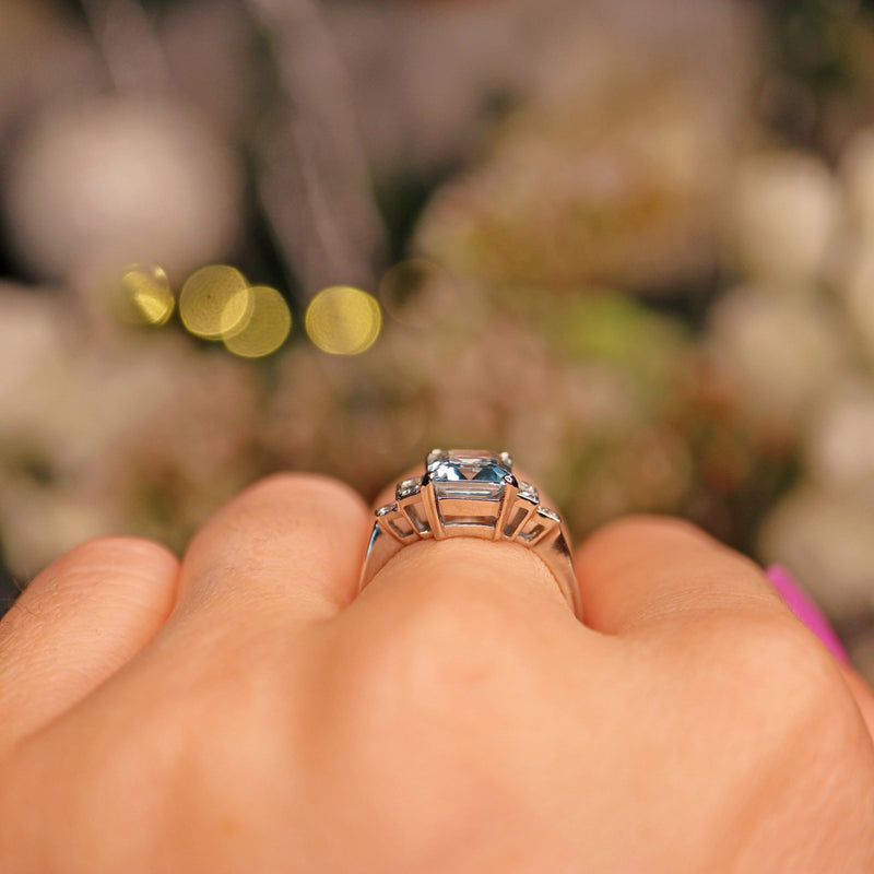 Ellibelle Jewellery ART DECO STYLE AQUAMARINE & DIAMOND PLATINUM RING