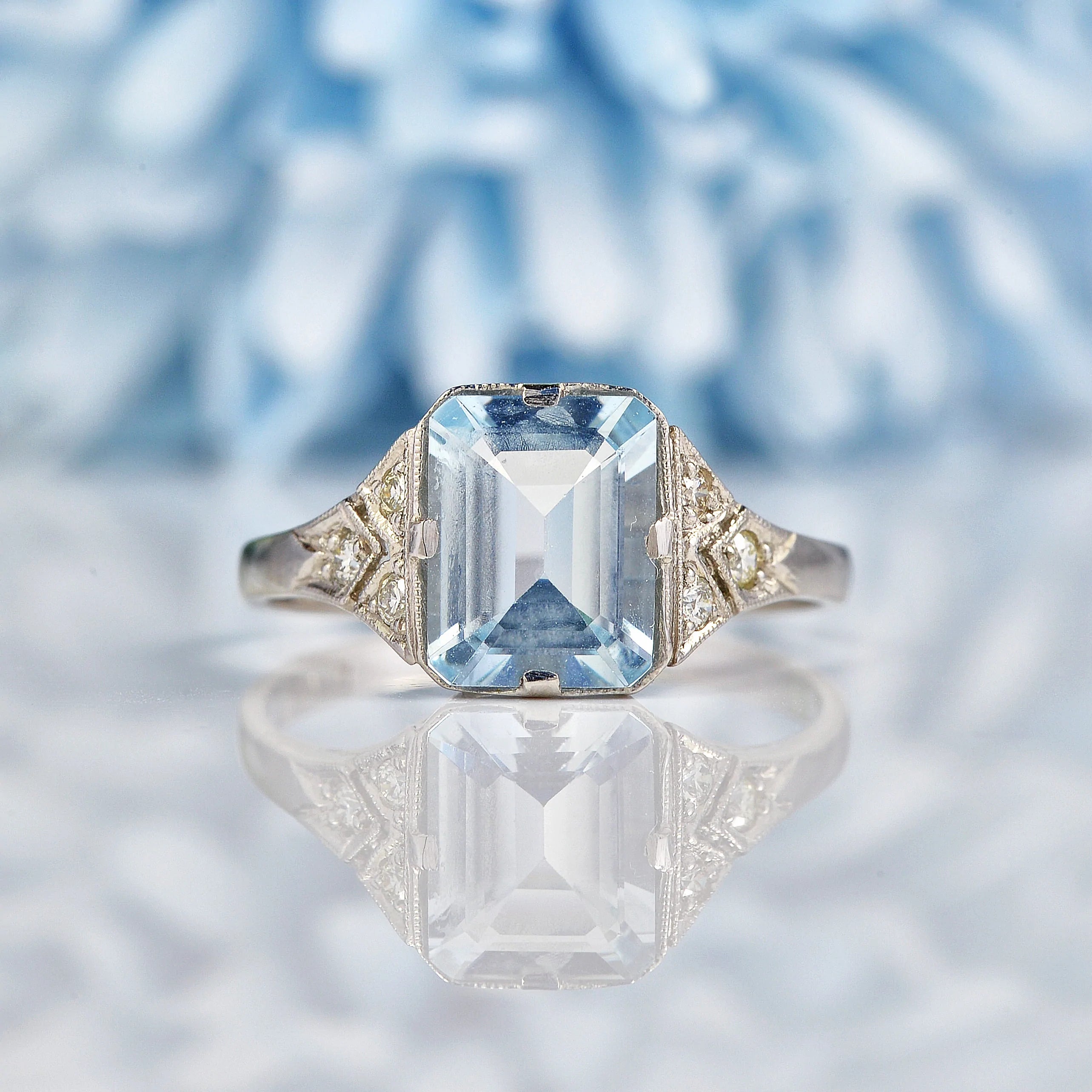 Ellibelle Jewellery Art Deco Style Aquamarine & Diamond Platinum Ring