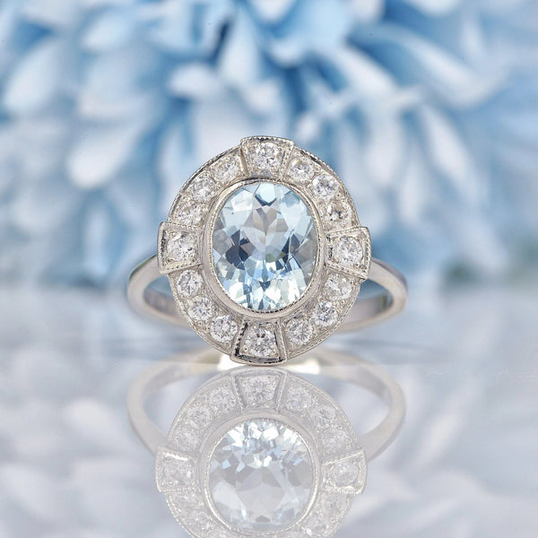 Ellibelle Jewellery Art Deco Style Aquamarine & Diamond Platinum Ring