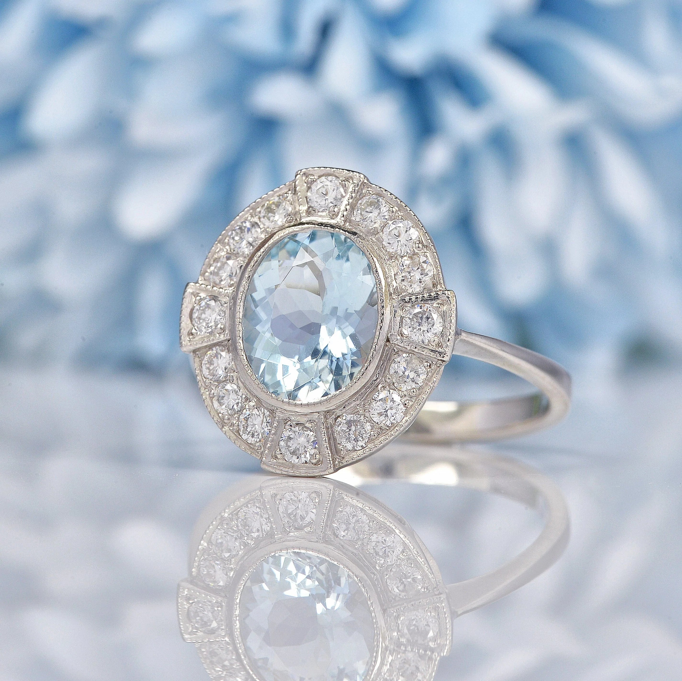 Ellibelle Jewellery Art Deco Style Aquamarine & Diamond Platinum Ring