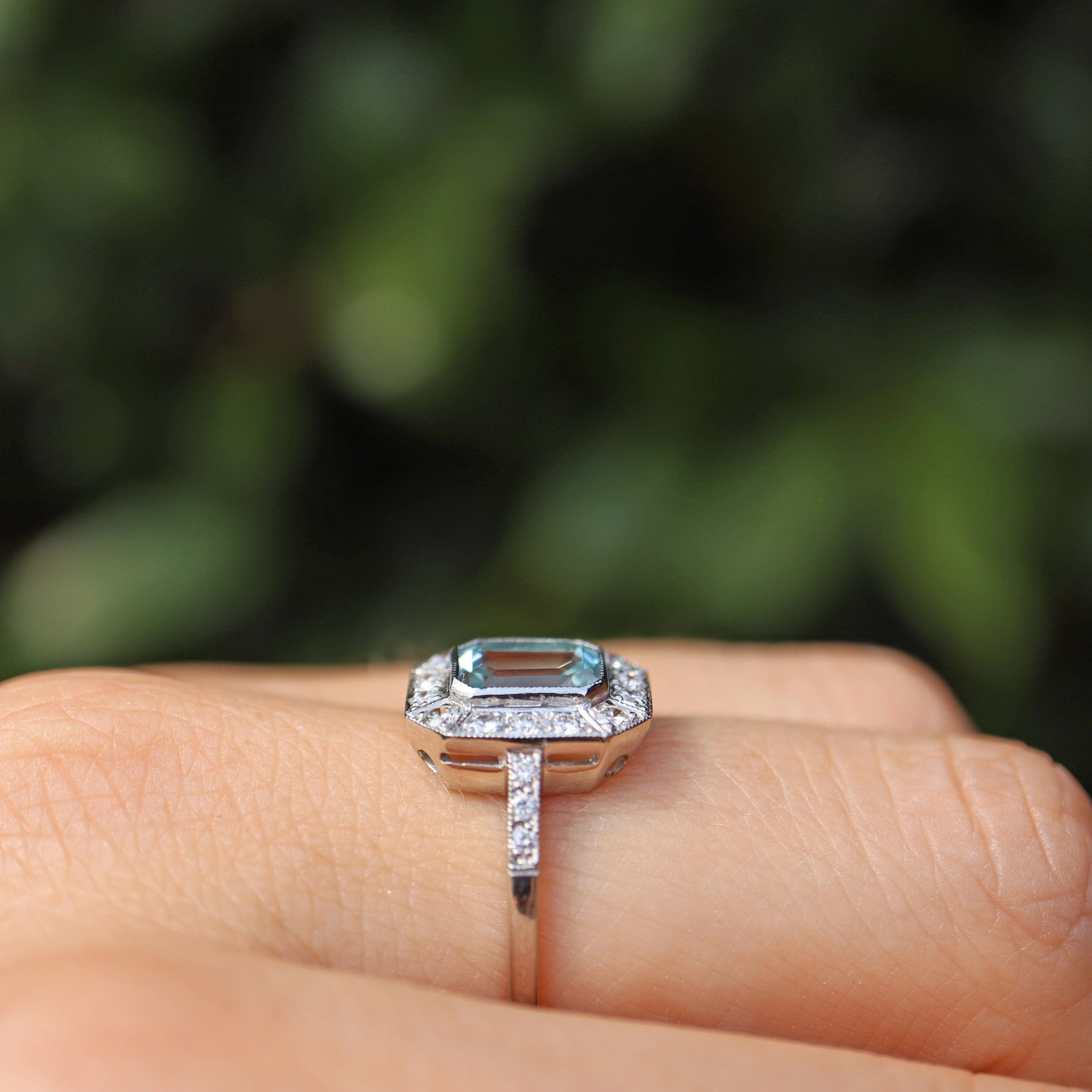 Ellibelle Jewellery Art Deco Style Aquamarine & Diamond Platinum Ring