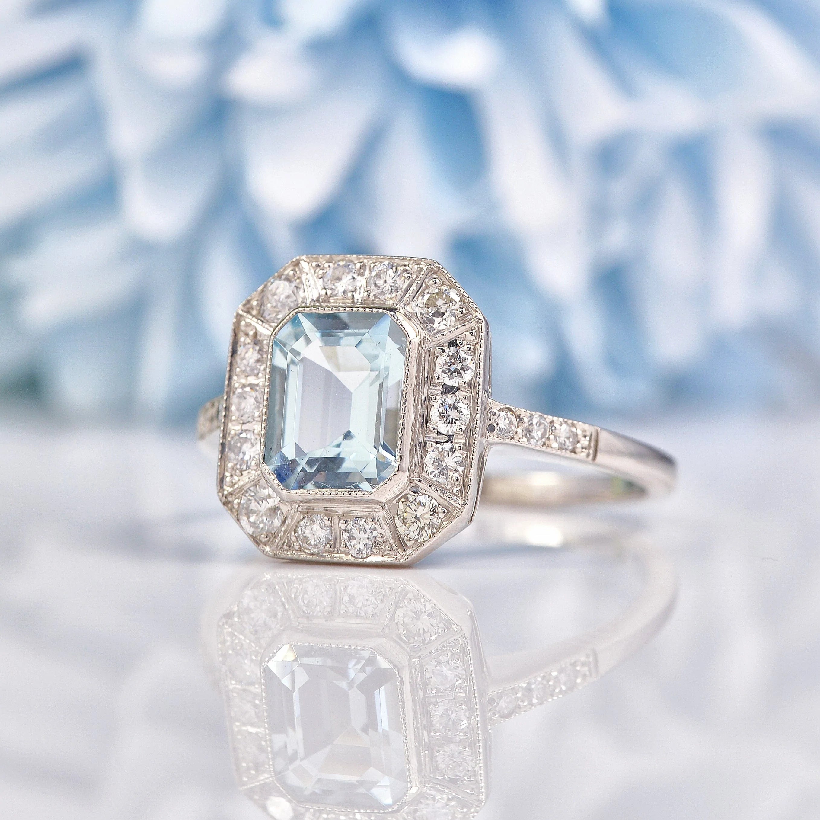 Ellibelle Jewellery Art Deco Style Aquamarine & Diamond Platinum Ring