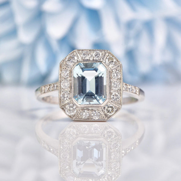 Ellibelle Jewellery Art Deco Style Aquamarine & Diamond Platinum Ring