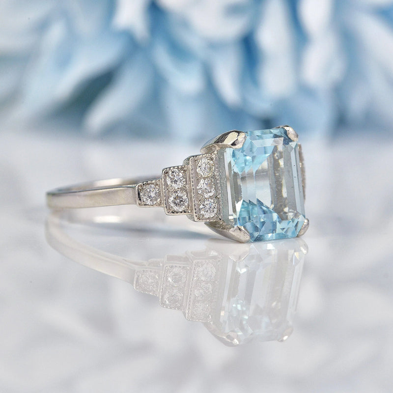 Ellibelle Jewellery Art Deco Style Aquamarine & Diamond Platinum Ring