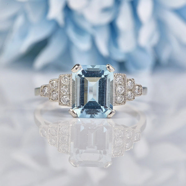 Ellibelle Jewellery Art Deco Style Aquamarine & Diamond Platinum Ring