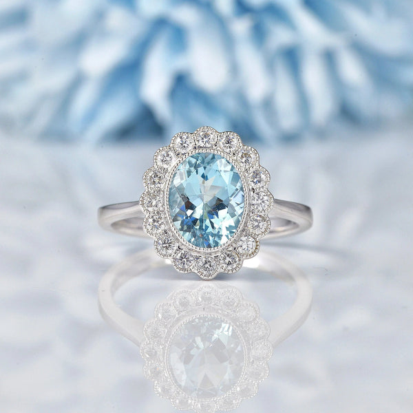 Ellibelle Jewellery Art Deco Style Aquamarine & Diamond White Gold Cluster Ring