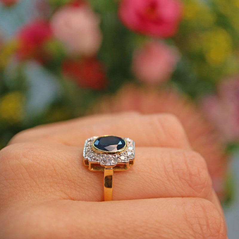 Ellibelle Jewellery Art Deco Style Blue Sapphire & Diamond 18ct Gold Panel Ring
