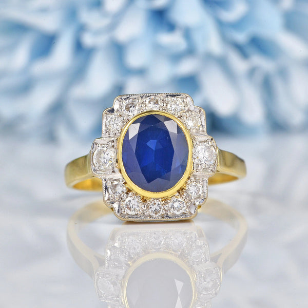 Ellibelle Jewellery Art Deco Style Blue Sapphire & Diamond 18ct Gold Panel Ring