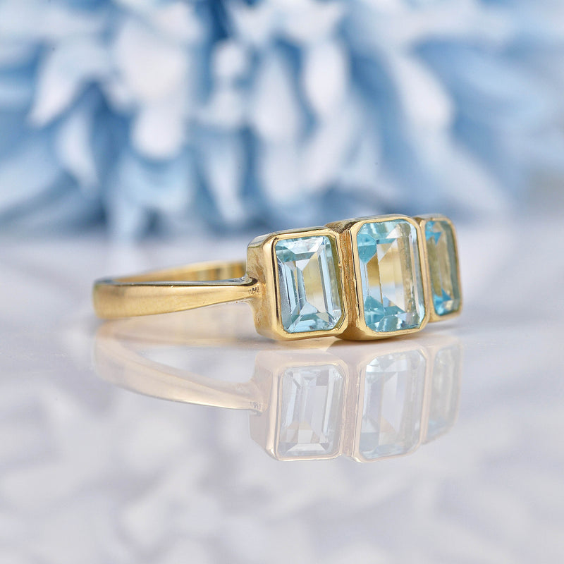 Ellibelle Jewellery Art Deco Style Blue Topaz 9ct Gold Three Stone Ring