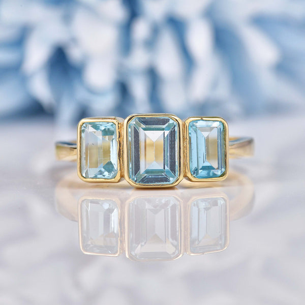 Ellibelle Jewellery Art Deco Style Blue Topaz 9ct Gold Three Stone Ring