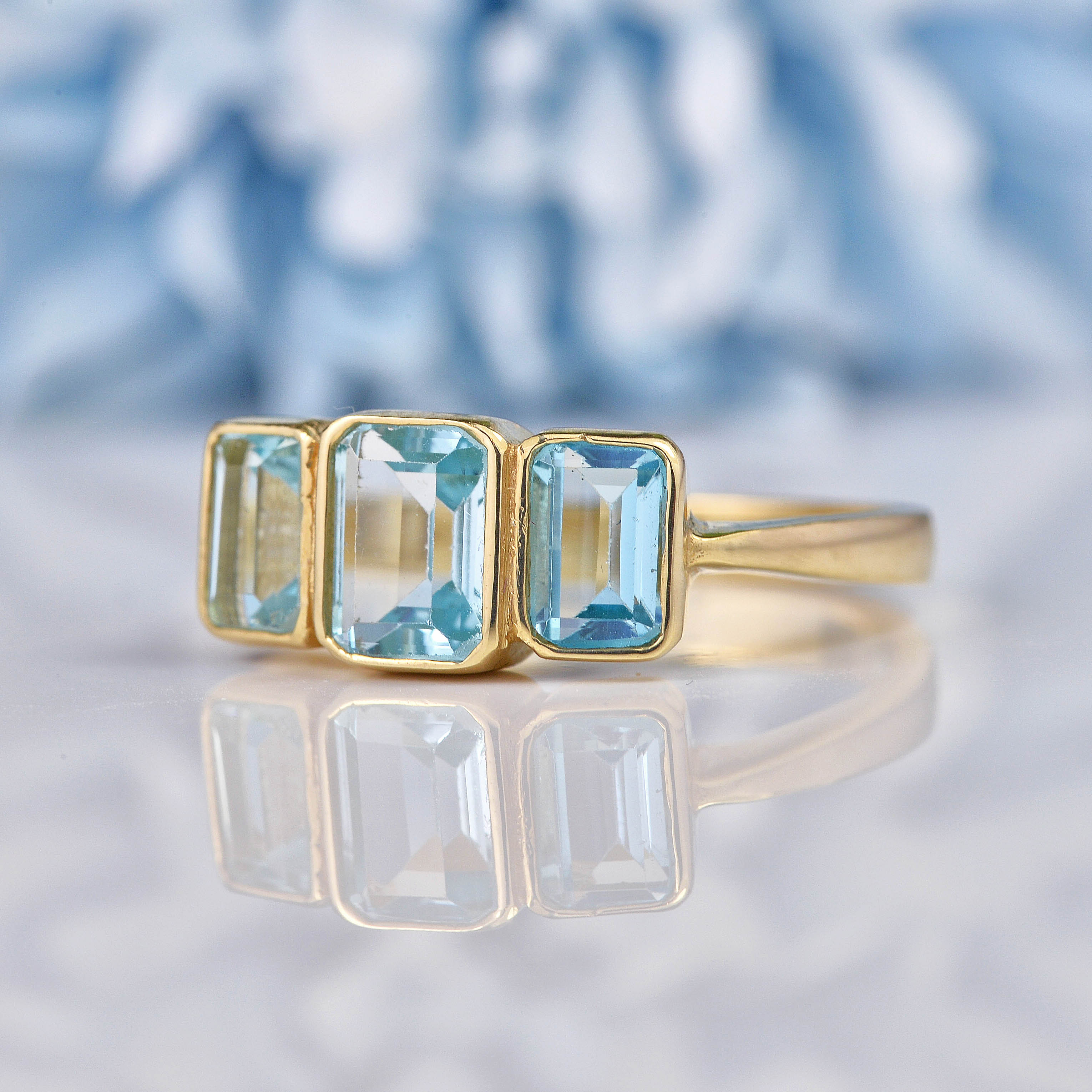 Ellibelle Jewellery Art Deco Style Blue Topaz 9ct Gold Three Stone Ring