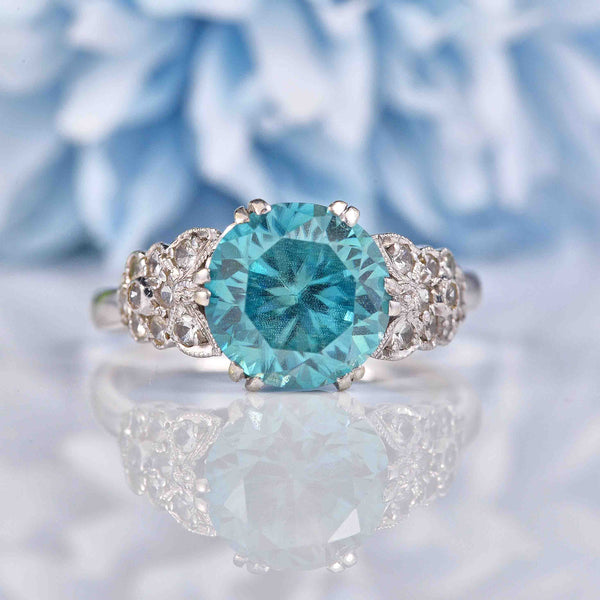 Ellibelle Jewellery Art Deco Style Blue Zircon & Diamond White Gold Ring