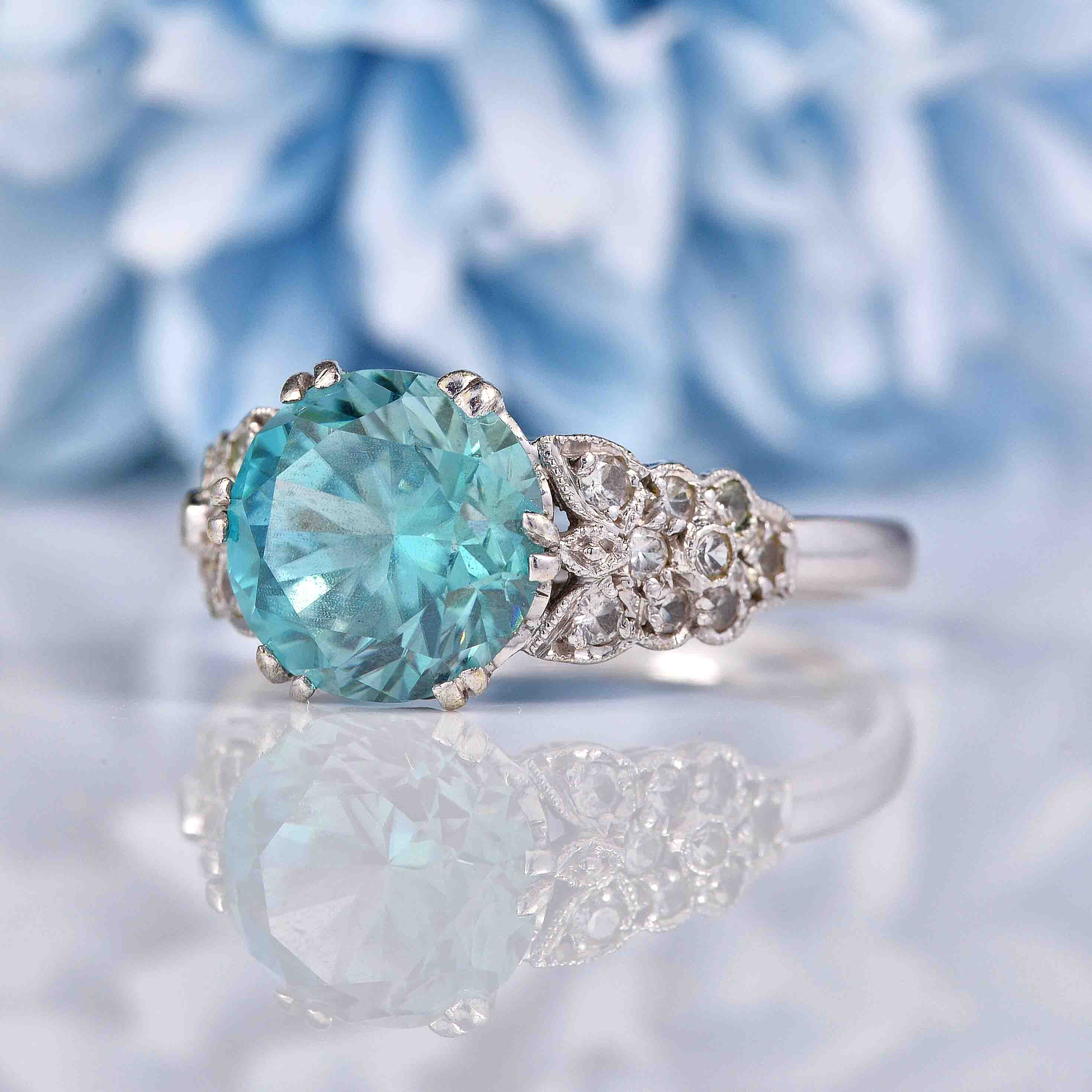 Ellibelle Jewellery Art Deco Style Blue Zircon & Diamond White Gold Ring