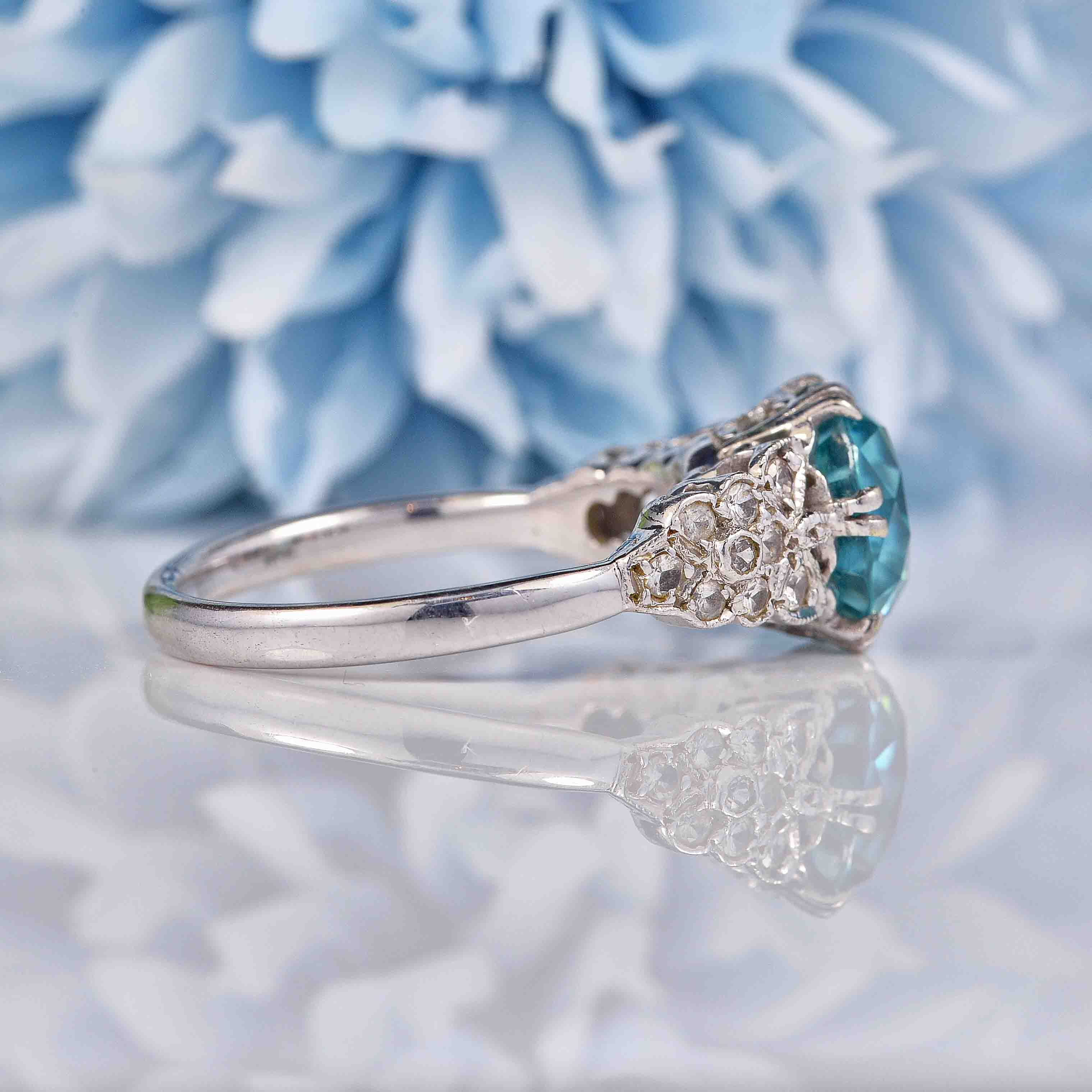 Ellibelle Jewellery Art Deco Style Blue Zircon & Diamond White Gold Ring