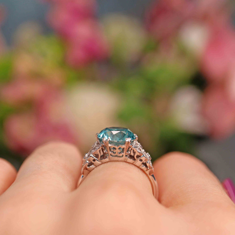 Ellibelle Jewellery Art Deco Style Blue Zircon & Diamond White Gold Ring