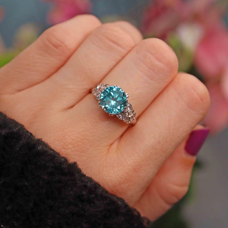 Ellibelle Jewellery Art Deco Style Blue Zircon & Diamond White Gold Ring