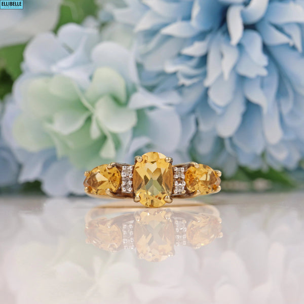 ART DECO STYLE CITRINE & DIAMOND 9CT GOLD THREE-STONE RING