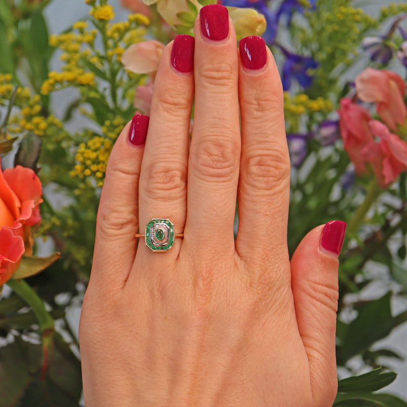 Ellibelle Jewellery Art Deco Style Emerald & Diamond 9ct Gold Panel Ring