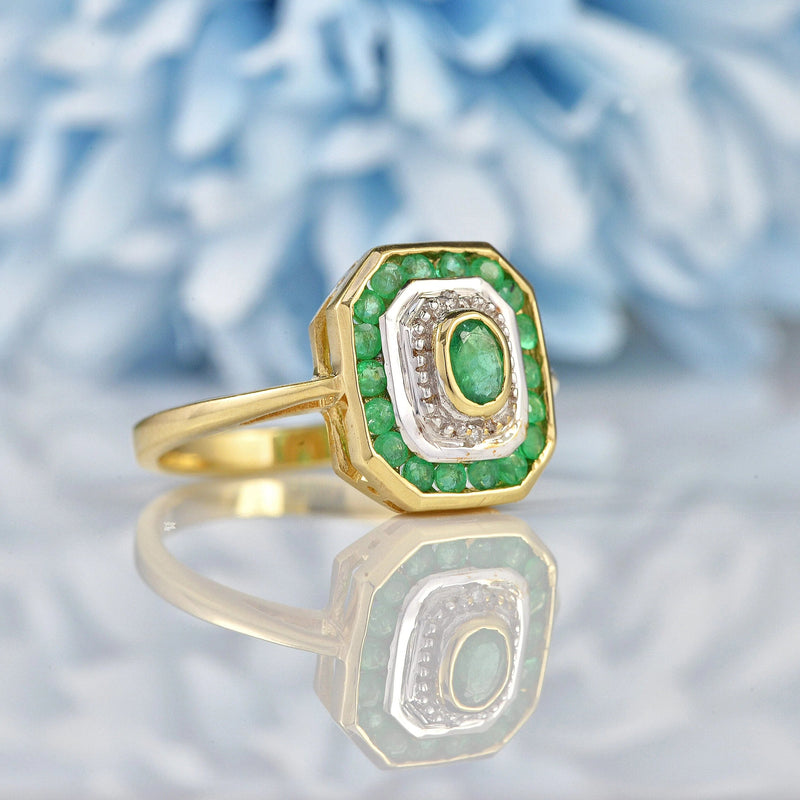 Ellibelle Jewellery Art Deco Style Emerald & Diamond 9ct Gold Panel Ring