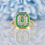 Ellibelle Jewellery Art Deco Style Emerald & Diamond 9ct Gold Panel Ring