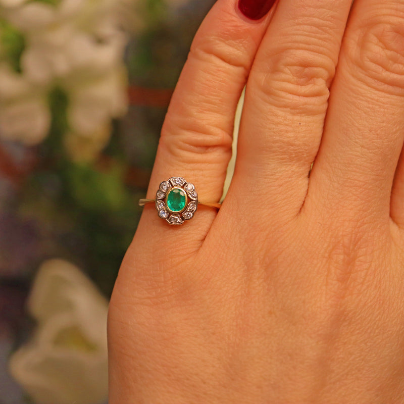 Ellibelle Jewellery Art Deco Style Emerald & Diamond Gold Ring