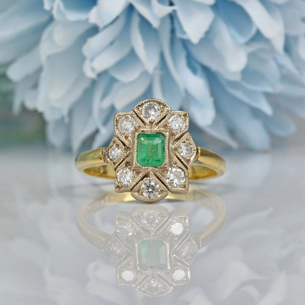 ART DECO STYLE EMERALD & DIAMOND PLAQUE RING