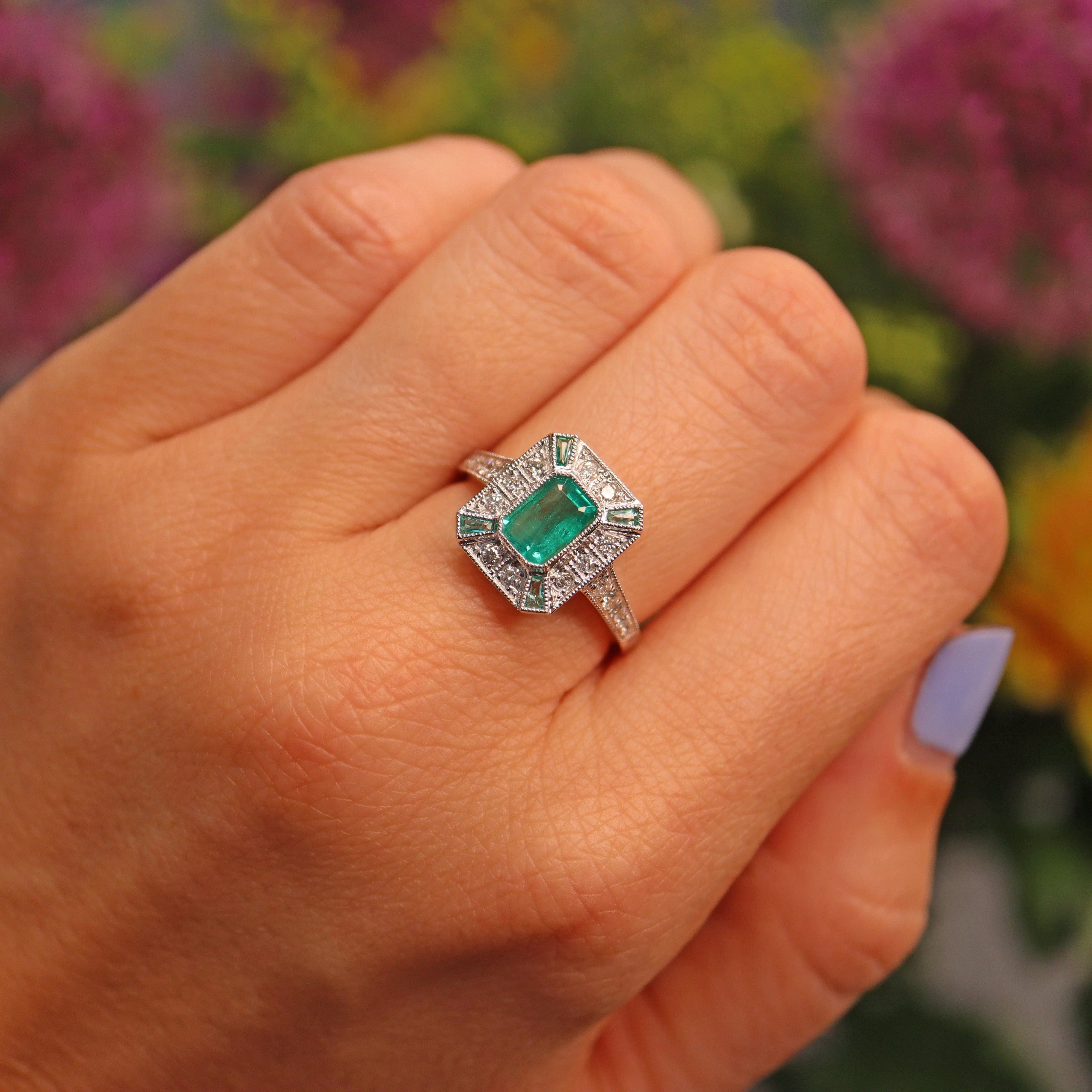 Ellibelle Jewellery Art Deco Style Emerald & Diamond White Gold Panel Ring
