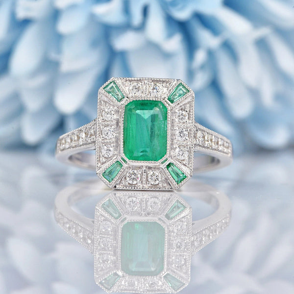 Ellibelle Jewellery Art Deco Style Emerald & Diamond White Gold Panel Ring