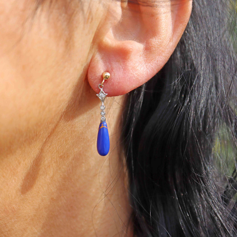 Ellibelle Jewellery Art Deco Style Lapis Lazuli & Diamond Drop Earrings