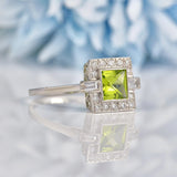 Ellibelle Jewellery Art Deco Style Peridot & Baguette Diamond Platinum Ring