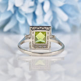 Ellibelle Jewellery Art Deco Style Peridot & Baguette Diamond Platinum Ring