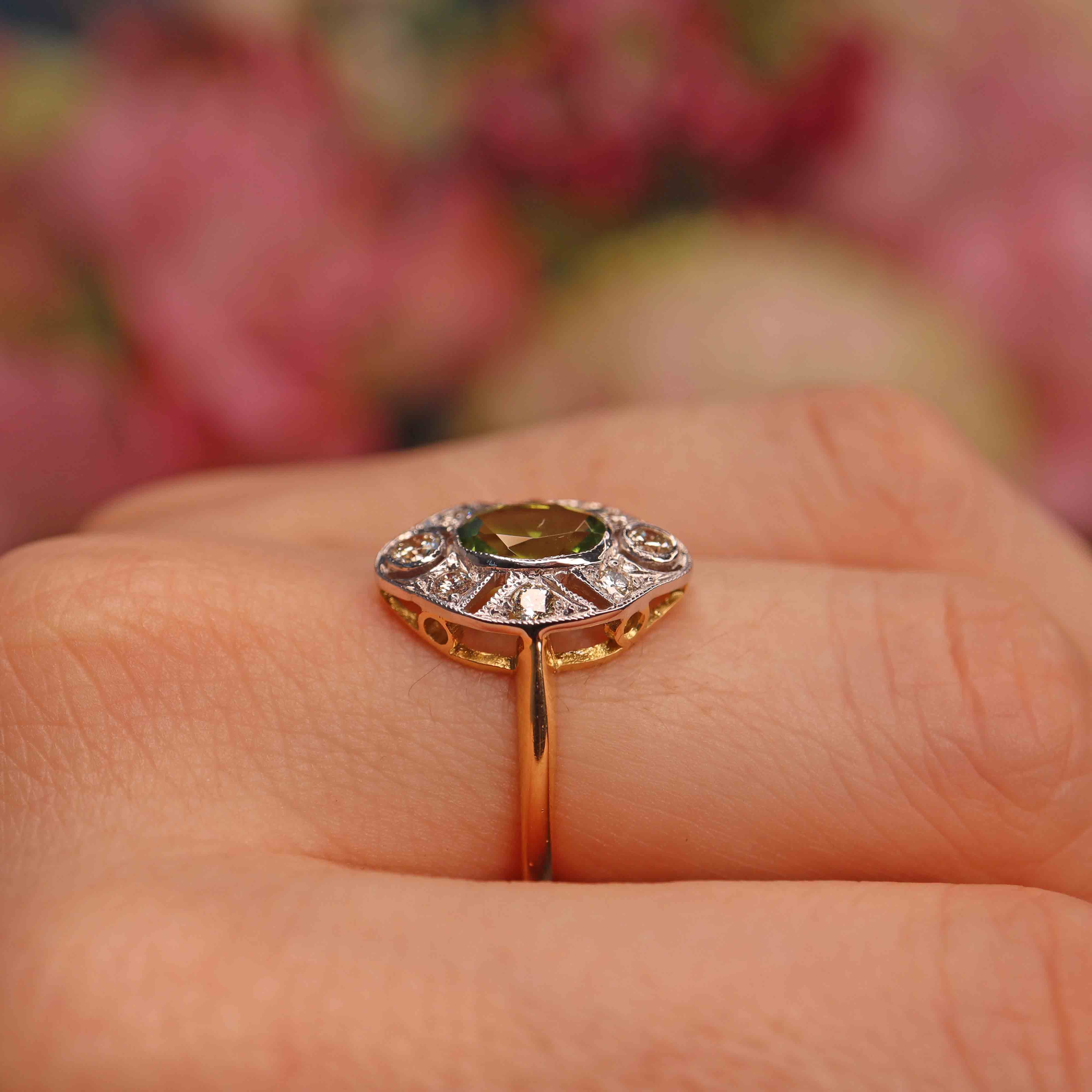 Ellibelle Jewellery Art Deco Style Peridot & Diamond 18ct Gold Panel Ring