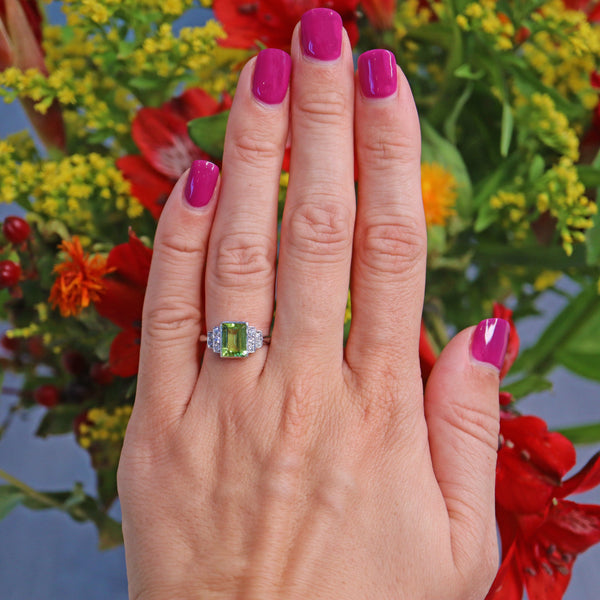 Ellibelle Jewellery Art Deco Style Peridot & Diamond Platinum Ring