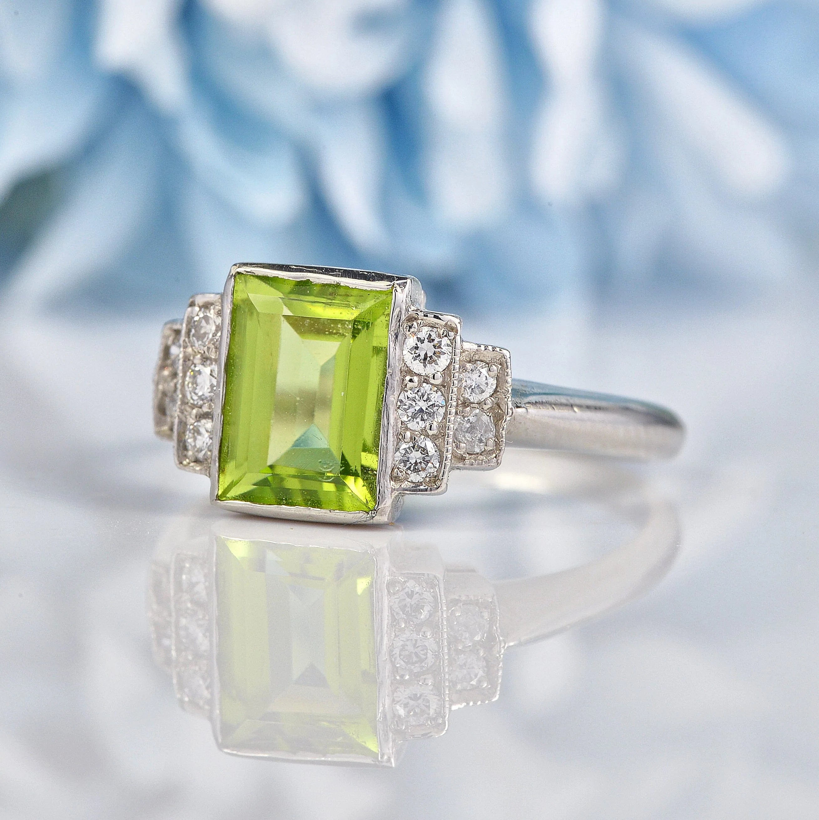 Ellibelle Jewellery Art Deco Style Peridot & Diamond Platinum Ring