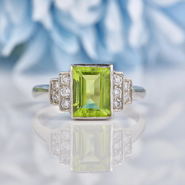 Ellibelle Jewellery Art Deco Style Peridot & Diamond Platinum Ring