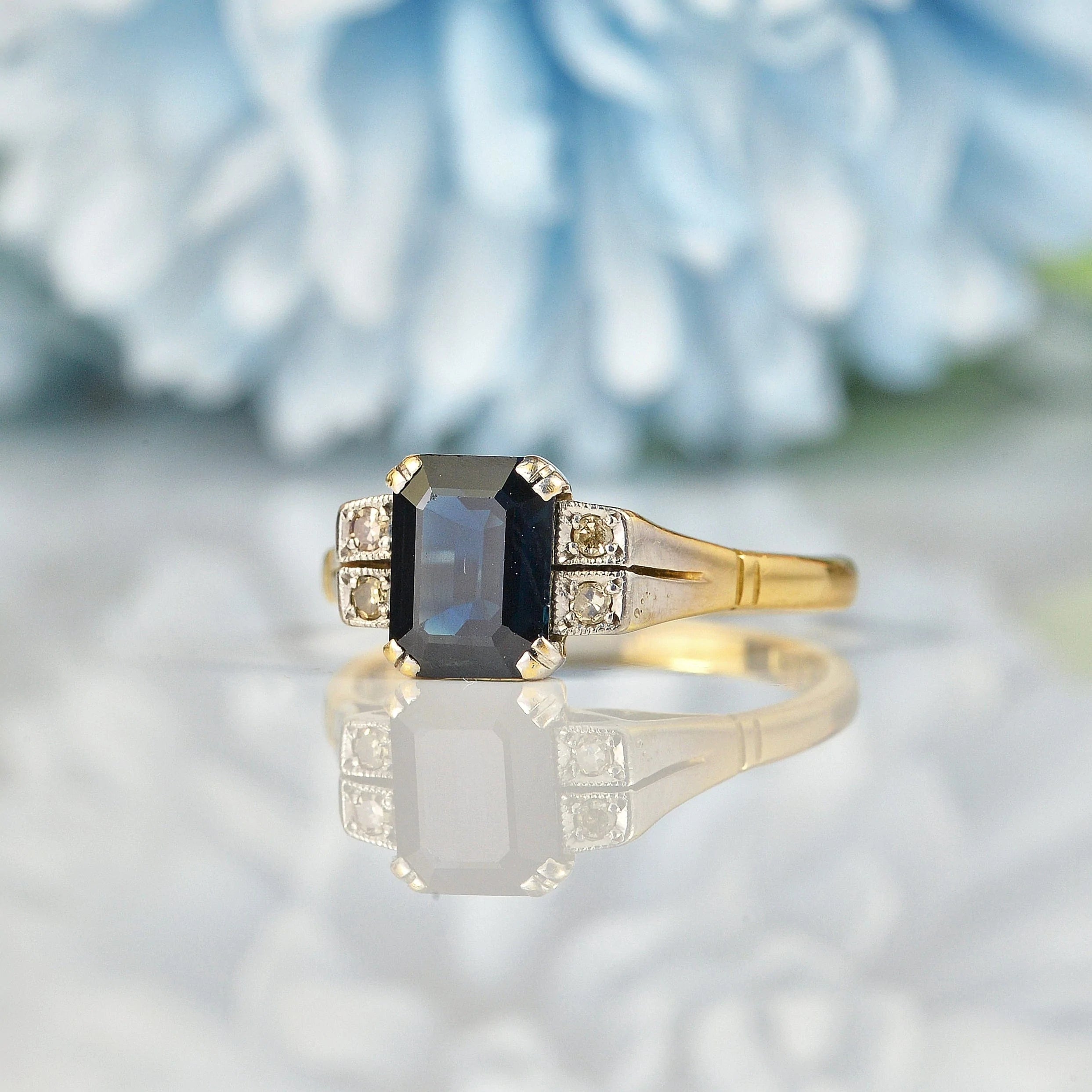 Ellibelle Jewellery ART DECO STYLE SAPPHIRE & DIAMOND 18CT GOLD RING