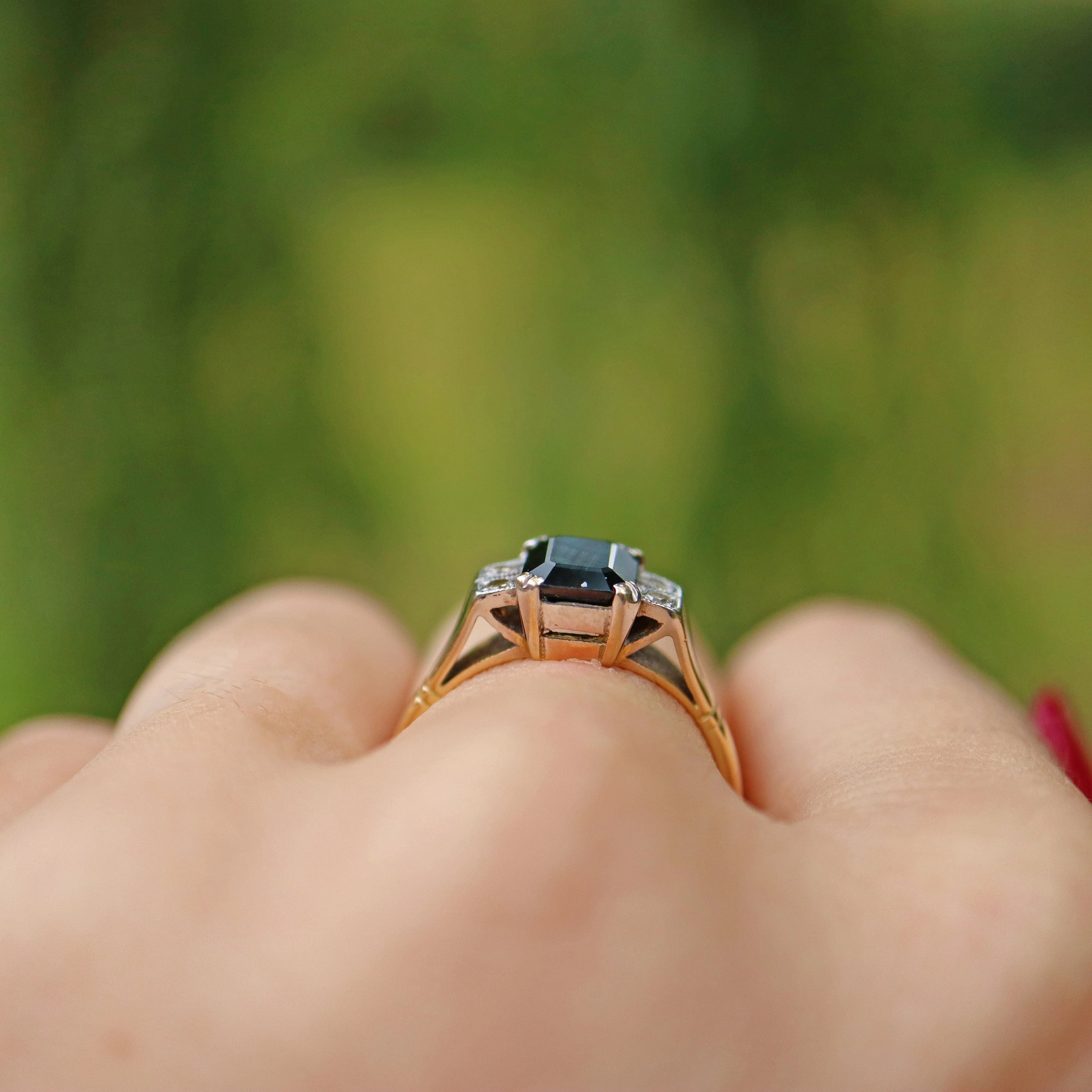 Ellibelle Jewellery ART DECO STYLE SAPPHIRE & DIAMOND 18CT GOLD RING