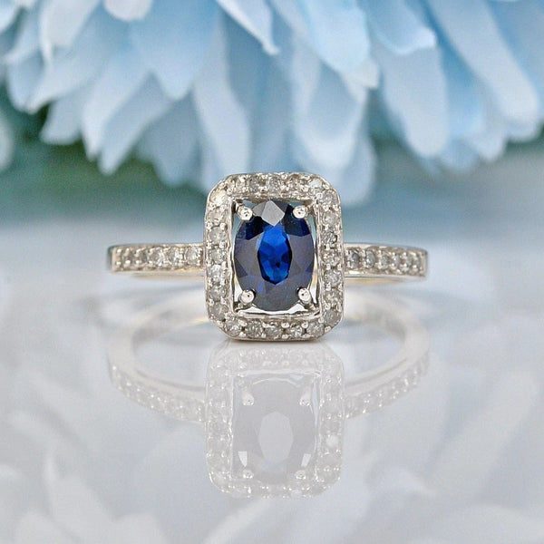 Ellibelle Jewellery ART DECO STYLE SAPPHIRE & DIAMOND 9CT WHITE GOLD RING