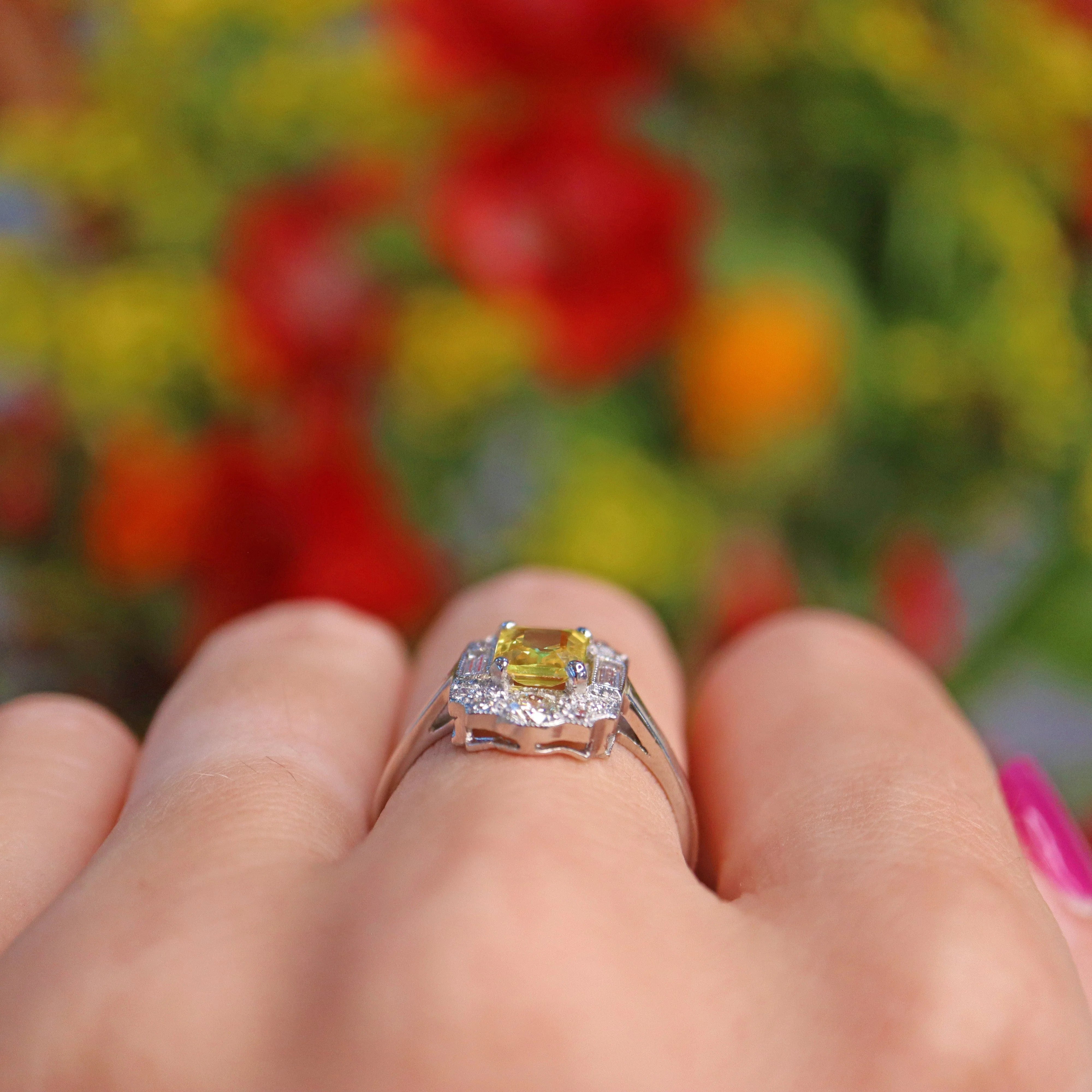 Ellibelle Jewellery Art Deco Style Yellow Sapphire & Diamond Platinum Panel Ring